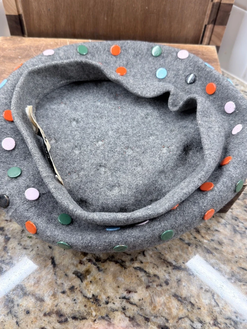 Vintage Norma Kamali for Stetson Wool Beret Gray Multicolor Studded Designer Hat